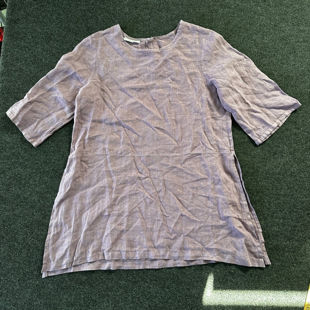 Bryn Walker Womens Medium Purple 100% Linen Tunic Top Short Sleeve Lagenlook USA